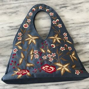 Silk, floral-embroidered handbag in grayish-blue